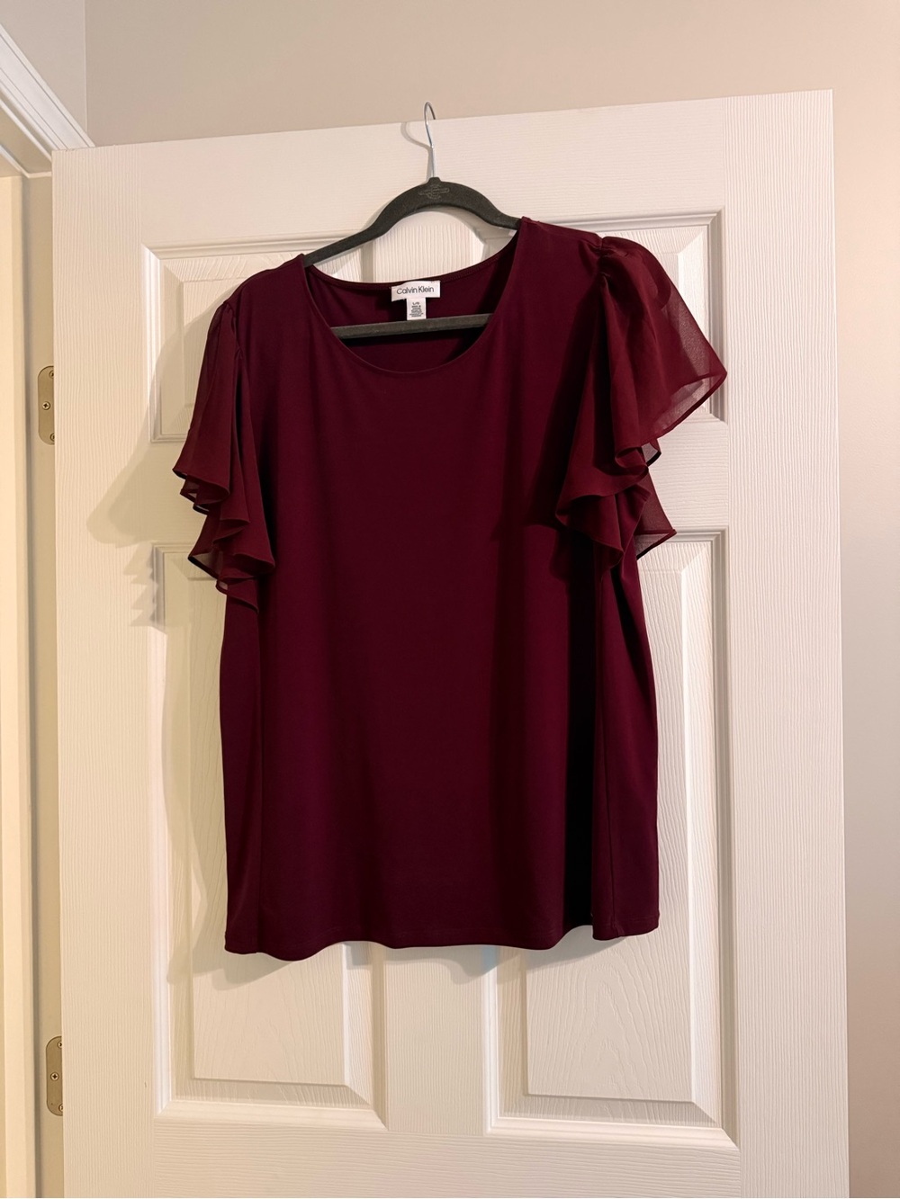 Calvin Klein Burgundy Short Ruffle Sleeve Blouse